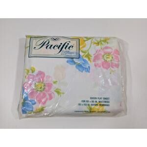 NOS Vintage Pacific Mills Anemones Floral Queen Flat Sheet Muslin